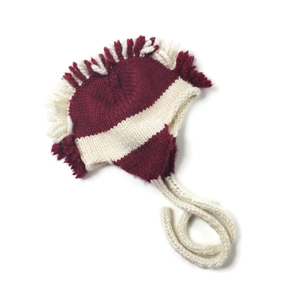 Kids Hand Knit Mohawk Hat Fall Winter Braided One Size‎ Red White Acrylic Yarn